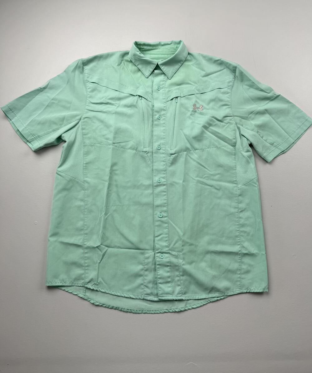 Under Armour Shirt Mens Green Short Sleeve Button Up Fishing Outdoor Vented Read
